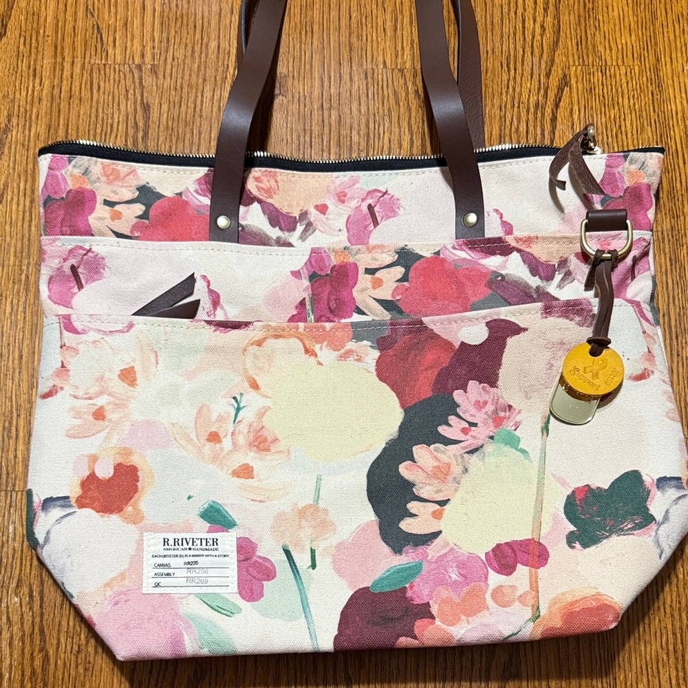 R. Riveter Floral Canvas Tote Bag - Pink and Cream